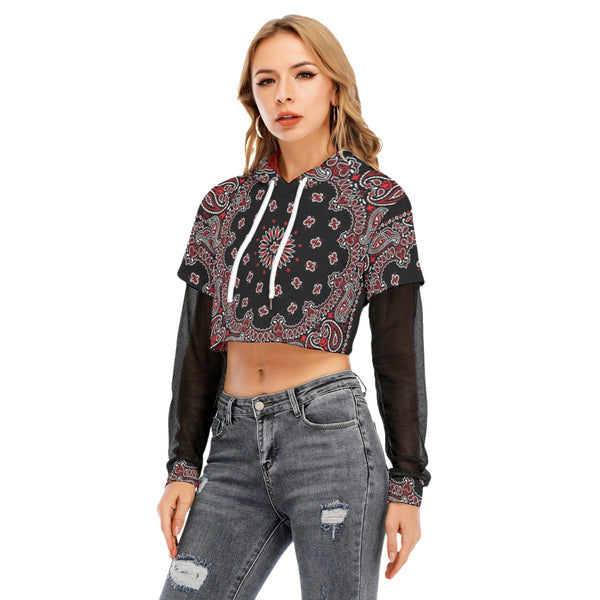 Red and Black Bandana Two-piece Mesh Sleeve Cropped Hoodie