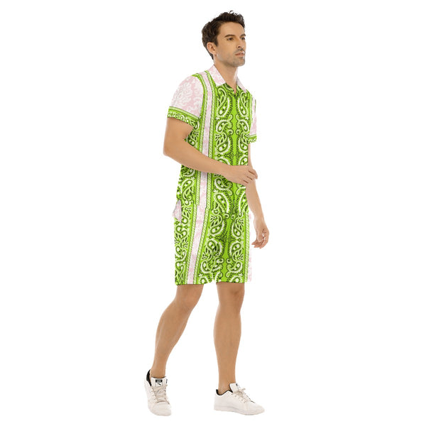 AyeWalla Lime/Pink Bandana Casual Short Sleeve Shirt Sets | Shirt and Short Set | Clothing for Men