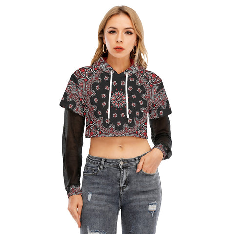 Red and Black Bandana Two-piece Mesh Sleeve Cropped Hoodie