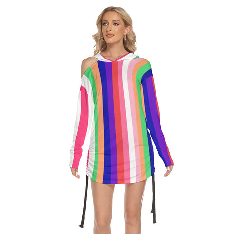 One-shoulder Multicolored Stripe Dress With Waist Shirring