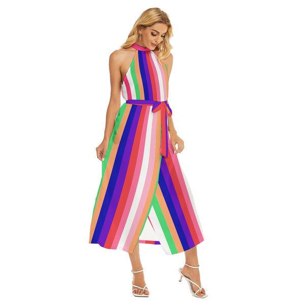 Wrap Hem Multicolored Stripe Belted Halter Dress