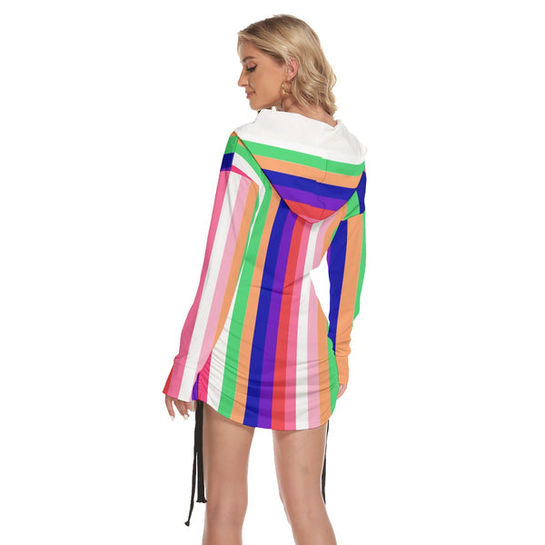 One-shoulder Multicolored Stripe Dress With Waist Shirring