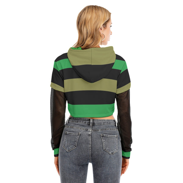 Black and Green Striped 90s Grunge Two-piece Mesh Sleeve Cropped Hoodie