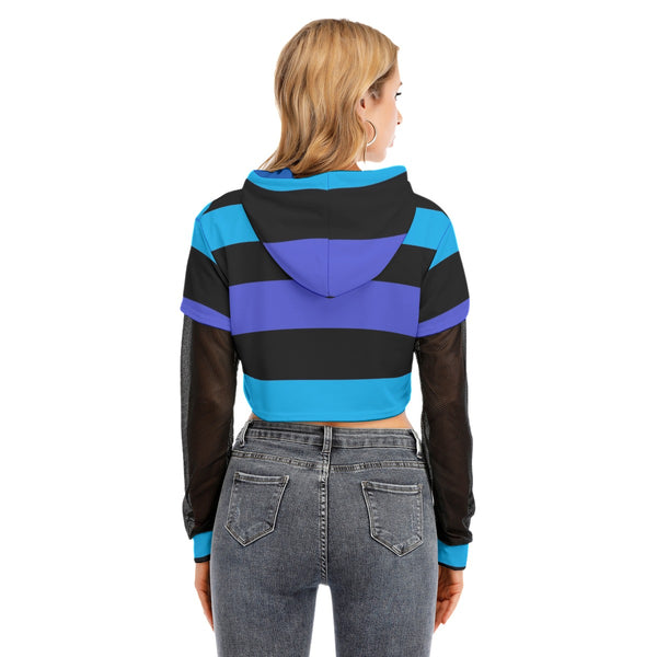 Blue and Black Striped 90s Grunge Two-piece Mesh Sleeve Cropped Hoodie