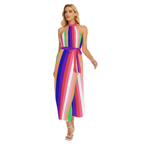 Wrap Hem Multicolored Stripe Belted Halter Dress