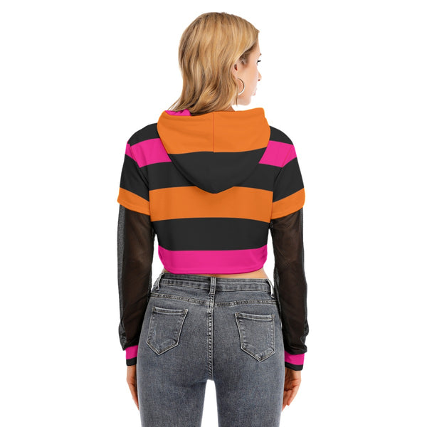 Pink and Orange Striped 90s Grunge Two-piece Mesh Sleeve Cropped Hoodie