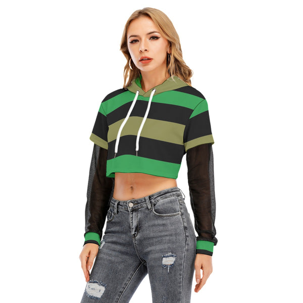 Black and Green Striped 90s Grunge Two-piece Mesh Sleeve Cropped Hoodie