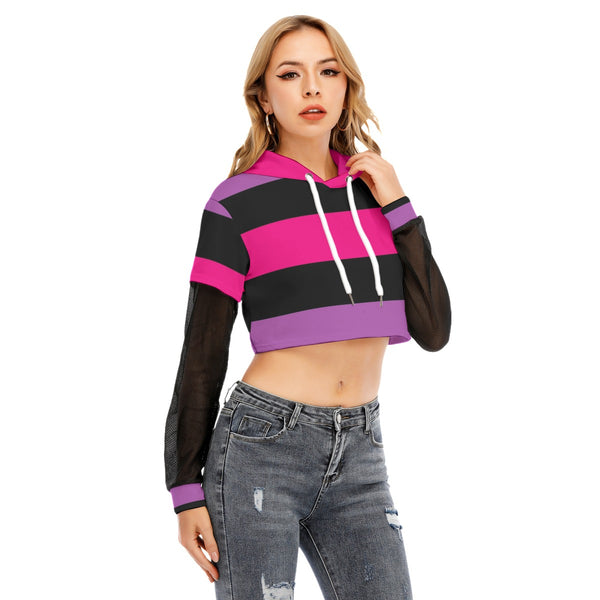 Pink and Purple Striped 90s Grunge Two-piece Mesh Sleeve Cropped Hoodie