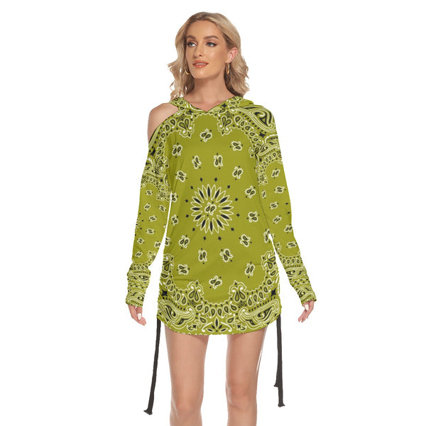 One-shoulder Olive Bandana Dress With Waist Shirring