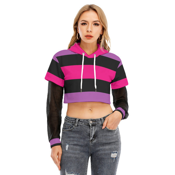 Pink and Purple Striped 90s Grunge Two-piece Mesh Sleeve Cropped Hoodie