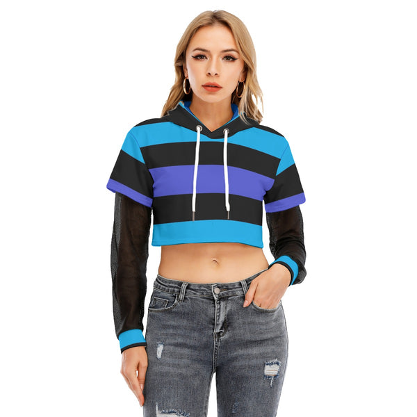 Blue and Black Striped 90s Grunge Two-piece Mesh Sleeve Cropped Hoodie