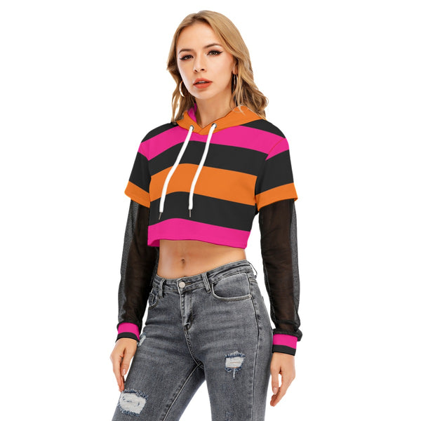 Pink and Orange Striped 90s Grunge Two-piece Mesh Sleeve Cropped Hoodie