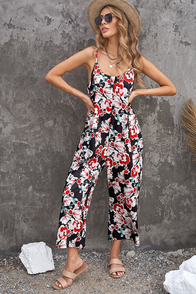 Botanical Print Spaghetti Strap Cropped Jumpsuit